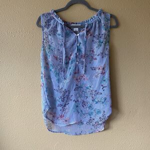Liz Claiborne Shirt Size Medium S Blue Floral‎ Stripes Sleeveless Tank Workwear